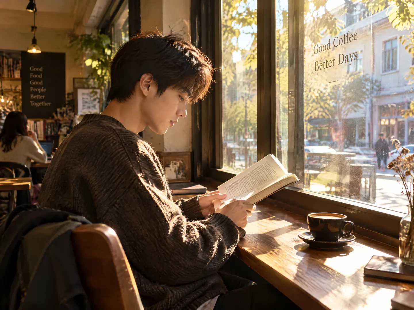 AIで生成した日常の写真：カフェの窓辺で本を読む若い男性、木のテーブルとコーヒーカップに午後の日差し、奥の黒板には装飾の英字